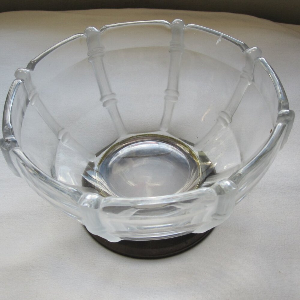 PM Italy Glass Bowl w/ Raised Frosted Bamboo design, Silver-Plated base, 8.5"x5"